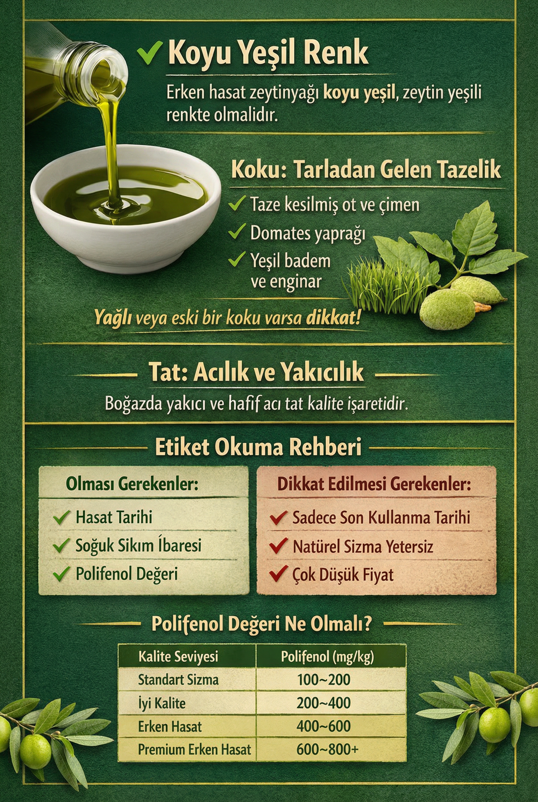Erken hasat zeytinyağı - koyu yeşil renk ve yüksek polifenol içeriği